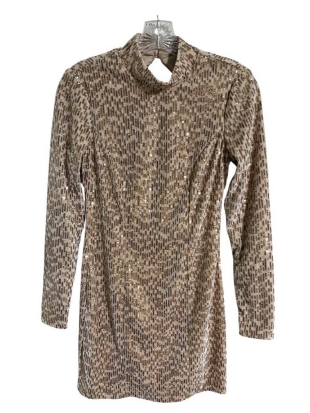 Francesca’s Blue Rain Mock Neck Sequin Mini Dress Womens S Beige Gold Open Back